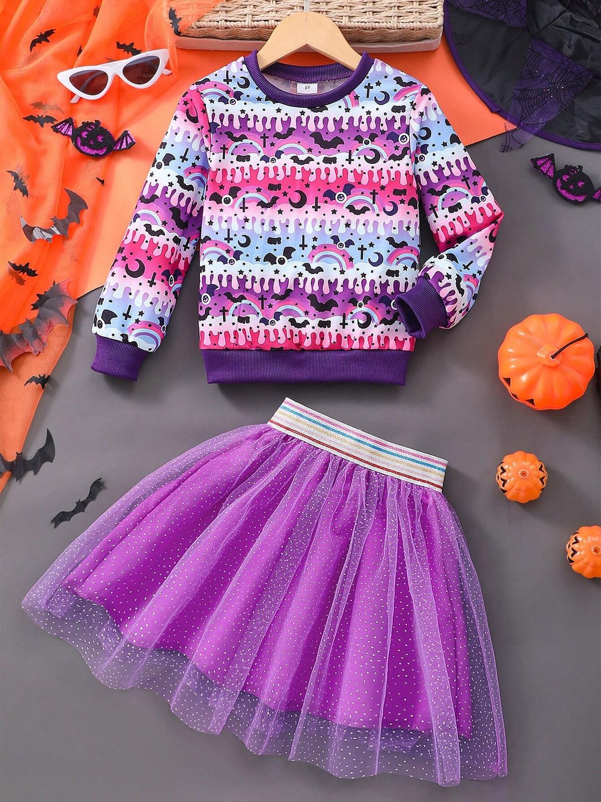 Girls Long Sleeve Sweatshirt + Mesh Skirt 2pcs Set