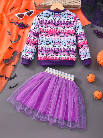 Girls Long Sleeve Sweatshirt + Mesh Skirt 2pcs Set