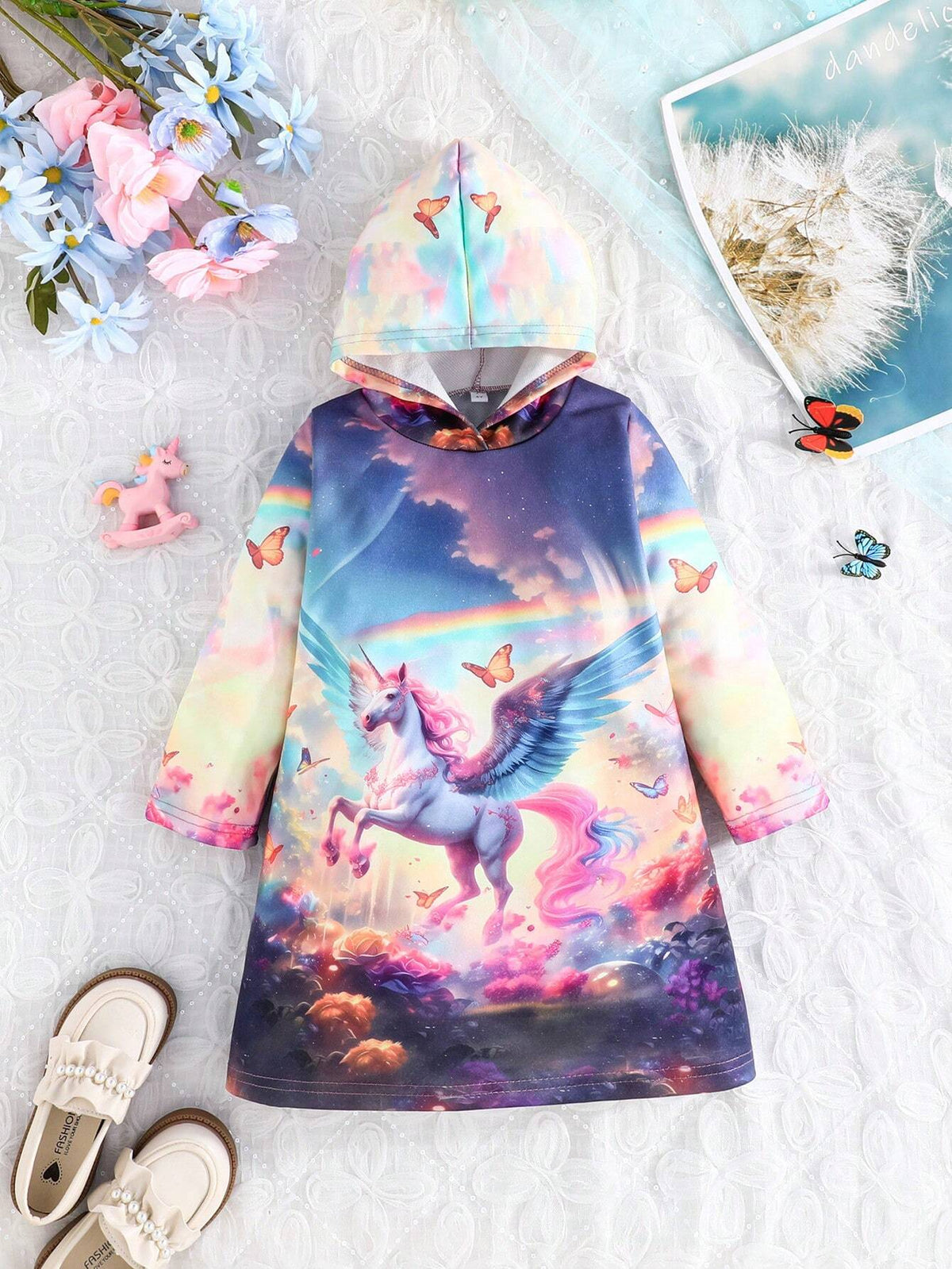Girls' Long Sleeve Unicorn Cartoon Print Hooded Casual Dress, Spring Autumn