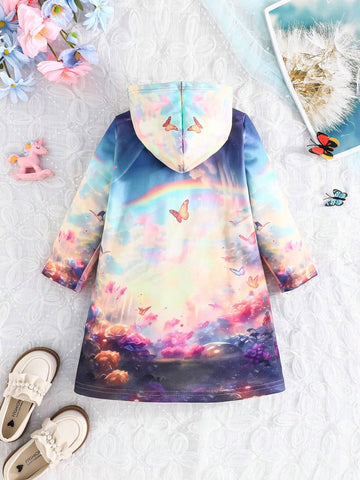 Girls' Long Sleeve Unicorn Cartoon Print Hooded Casual Dress, Spring Autumn