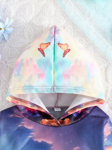 Girls' Long Sleeve Unicorn Cartoon Print Hooded Casual Dress, Spring Autumn