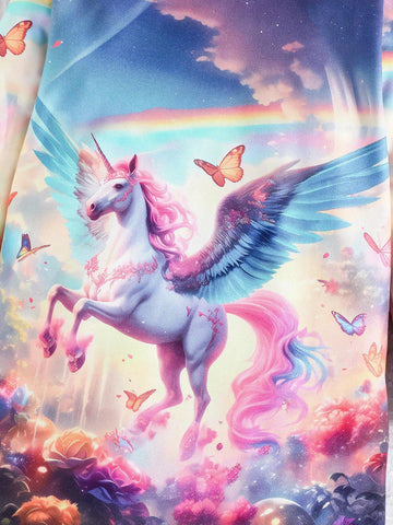 Girls' Long Sleeve Unicorn Cartoon Print Hooded Casual Dress, Spring Autumn
