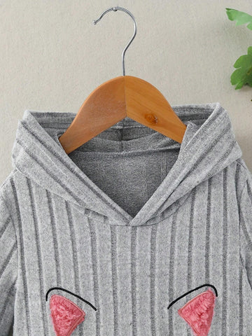 Girls Long Style Cute Kitten Print A-Line Dress, Casual Ribbed Hooded Long Sleeve Bodycon Dress For Autumn
