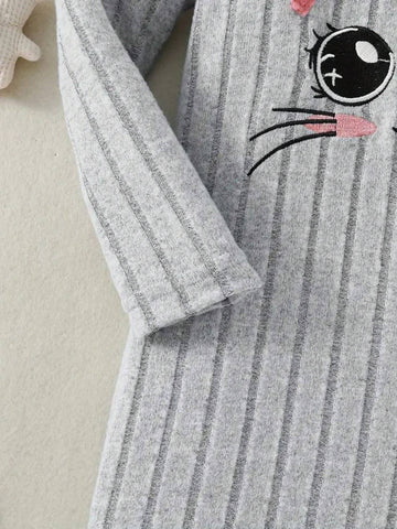 Girls Long Style Cute Kitten Print A-Line Dress, Casual Ribbed Hooded Long Sleeve Bodycon Dress For Autumn