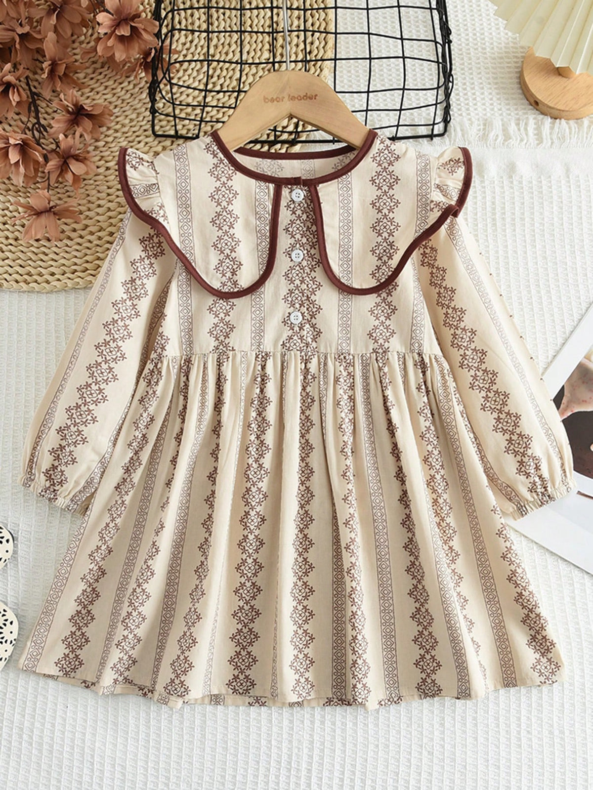 Girl's Loose Ditsy Floral Collared Long Sleeve Dress, Collegiate Style