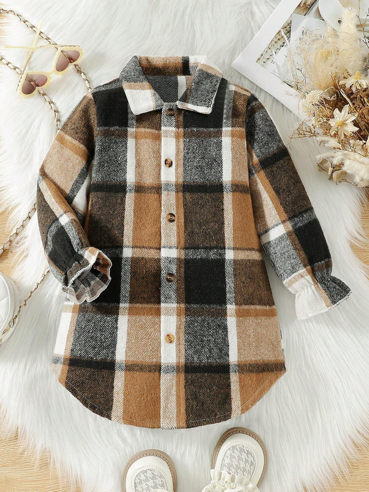 Girls Loose Fit Mid-Length Lapel Ruffled Windbreaker, Classic Plaid Pattern Long Sleeve Warm Jacket, Fashion Children Clothing For Autumn/Winter