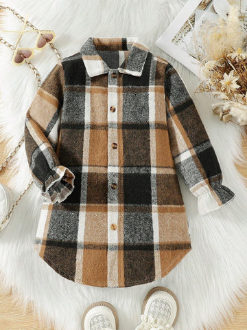 Girls Loose Fit Mid-Length Lapel Ruffled Windbreaker, Classic Plaid Pattern Long Sleeve Warm Jacket, Fashion Children Clothing For Autumn/Winter