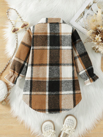 Girls Loose Fit Mid-Length Lapel Ruffled Windbreaker, Classic Plaid Pattern Long Sleeve Warm Jacket, Fashion Children Clothing For Autumn/Winter