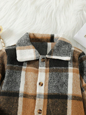 Girls Loose Fit Mid-Length Lapel Ruffled Windbreaker, Classic Plaid Pattern Long Sleeve Warm Jacket, Fashion Children Clothing For Autumn/Winter