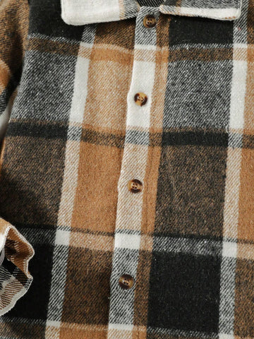 Girls Loose Fit Mid-Length Lapel Ruffled Windbreaker, Classic Plaid Pattern Long Sleeve Warm Jacket, Fashion Children Clothing For Autumn/Winter