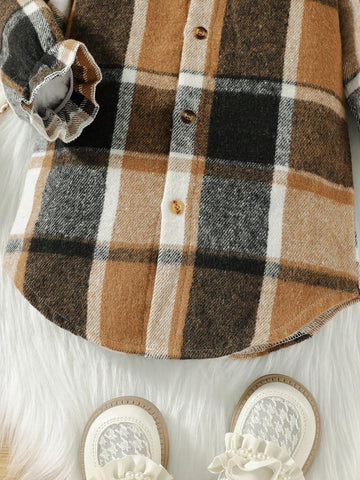 Girls Loose Fit Mid-Length Lapel Ruffled Windbreaker, Classic Plaid Pattern Long Sleeve Warm Jacket, Fashion Children Clothing For Autumn/Winter
