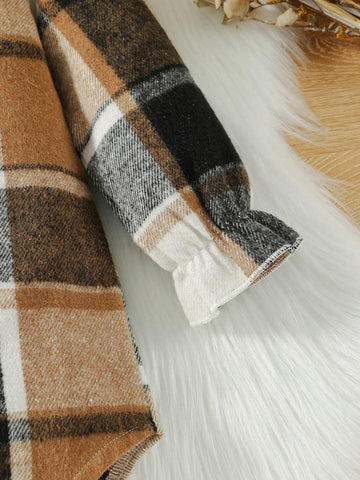 Girls Loose Fit Mid-Length Lapel Ruffled Windbreaker, Classic Plaid Pattern Long Sleeve Warm Jacket, Fashion Children Clothing For Autumn/Winter