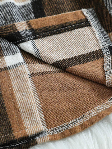 Girls Loose Fit Mid-Length Lapel Ruffled Windbreaker, Classic Plaid Pattern Long Sleeve Warm Jacket, Fashion Children Clothing For Autumn/Winter