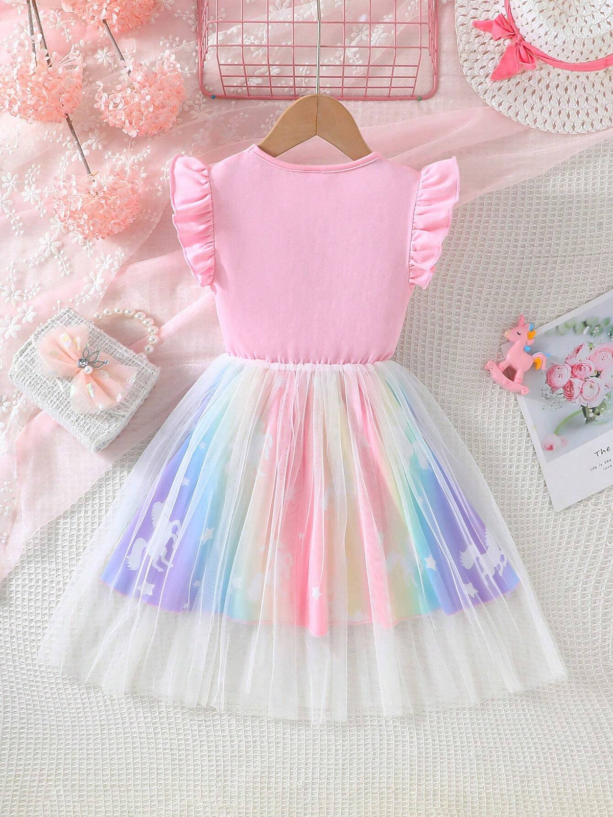 Girls' Lotus Sleeve Round Neck Mesh Dress With Horse Print, Summer Casual & Cute Style