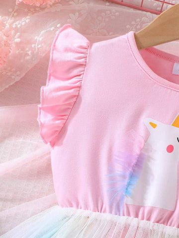 Girls' Lotus Sleeve Round Neck Mesh Dress With Horse Print, Summer Casual & Cute Style