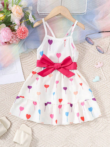 Girls" Love Heart Printed Spaghetti Strap Dress, Summer Breathable Cool And Casual Sundress For Girls