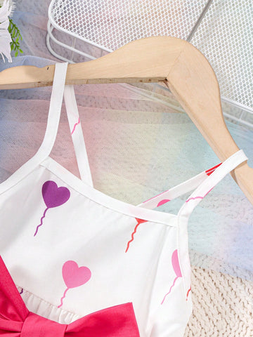 Girls" Love Heart Printed Spaghetti Strap Dress, Summer Breathable Cool And Casual Sundress For Girls