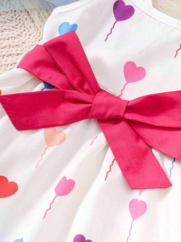 Girls" Love Heart Printed Spaghetti Strap Dress, Summer Breathable Cool And Casual Sundress For Girls
