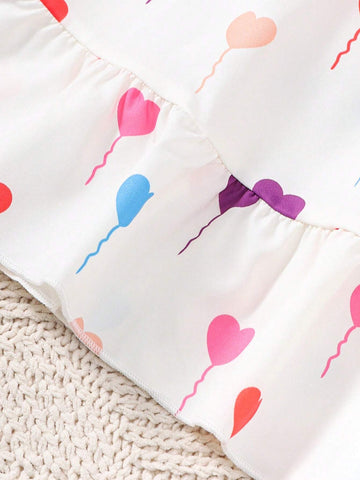 Girls" Love Heart Printed Spaghetti Strap Dress, Summer Breathable Cool And Casual Sundress For Girls
