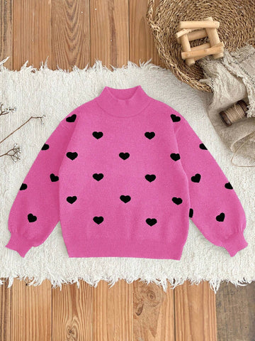 Girls Love Pattern Knitted Sweaters, Suitable For Casual Outdoor Wear Or Keeping Warm In Autumn