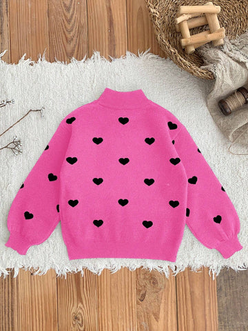 Girls Love Pattern Knitted Sweaters, Suitable For Casual Outdoor Wear Or Keeping Warm In Autumn