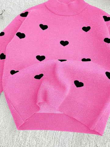 Girls Love Pattern Knitted Sweaters, Suitable For Casual Outdoor Wear Or Keeping Warm In Autumn
