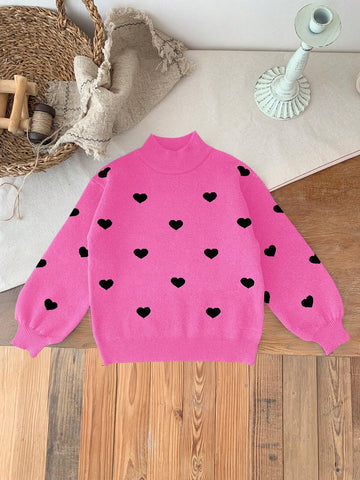 Girls Love Pattern Knitted Sweaters, Suitable For Casual Outdoor Wear Or Keeping Warm In Autumn