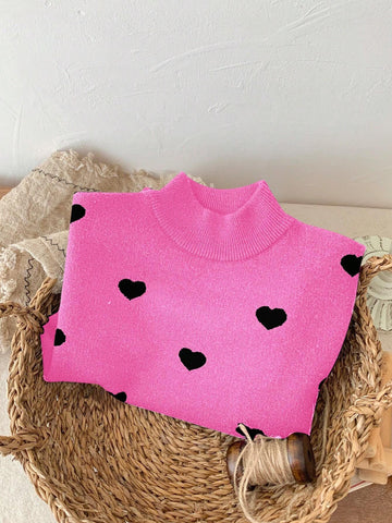 Girls Love Pattern Knitted Sweaters, Suitable For Casual Outdoor Wear Or Keeping Warm In Autumn