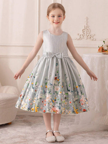 Girls Lovely Bow Printed Sleeveless Princess Dress With Belt, Fit For Party, Performance, Celebration, Birthday, Festival Parade, Stage & Music Concert, Daily Wear