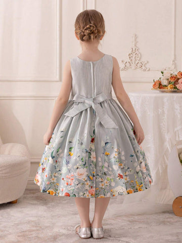 Girls Lovely Bow Printed Sleeveless Princess Dress With Belt, Fit For Party, Performance, Celebration, Birthday, Festival Parade, Stage & Music Concert, Daily Wear