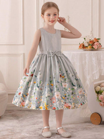 Girls Lovely Bow Printed Sleeveless Princess Dress With Belt, Fit For Party, Performance, Celebration, Birthday, Festival Parade, Stage & Music Concert, Daily Wear