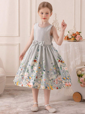 Girls Lovely Bow Printed Sleeveless Princess Dress With Belt, Fit For Party, Performance, Celebration, Birthday, Festival Parade, Stage & Music Concert, Daily Wear