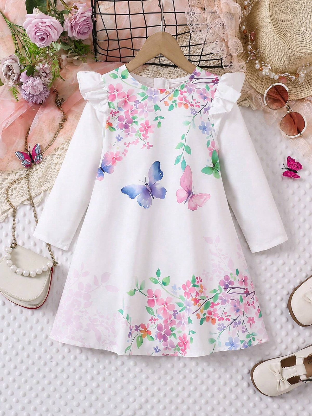 Girls Lovely Butterfly Print Casual Comfortable Long Sleeve Dress, Suitable For Spring And Autumn