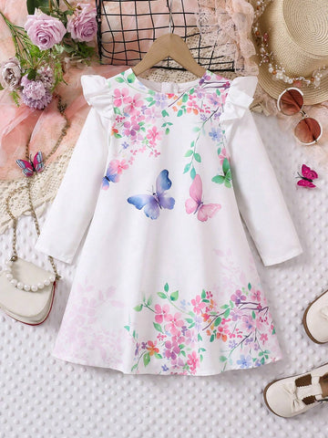Girls Lovely Butterfly Print Casual Comfortable Long Sleeve Dress, Suitable For Spring And Autumn