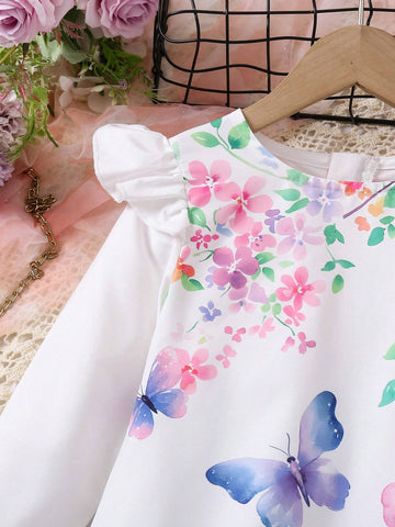 Girls Lovely Butterfly Print Casual Comfortable Long Sleeve Dress, Suitable For Spring And Autumn