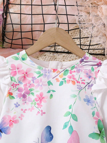 Girls Lovely Butterfly Print Casual Comfortable Long Sleeve Dress, Suitable For Spring And Autumn