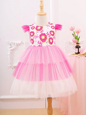 Girls' Lovely Cartoon Mesh Layered Skirt, Sweet Birthday Party Dress For Summer