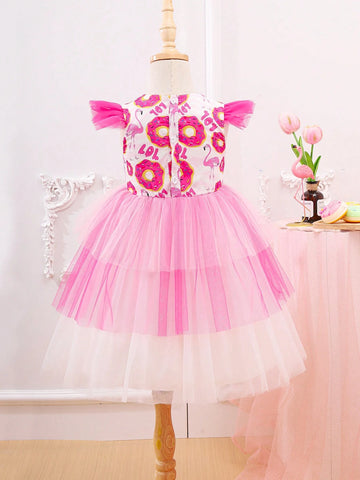 Girls' Lovely Cartoon Mesh Layered Skirt, Sweet Birthday Party Dress For Summer