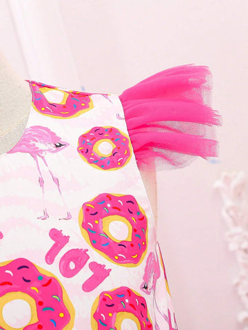 Girls' Lovely Cartoon Mesh Layered Skirt, Sweet Birthday Party Dress For Summer