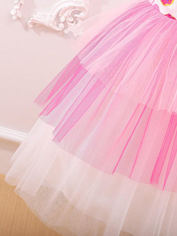 Girls' Lovely Cartoon Mesh Layered Skirt, Sweet Birthday Party Dress For Summer