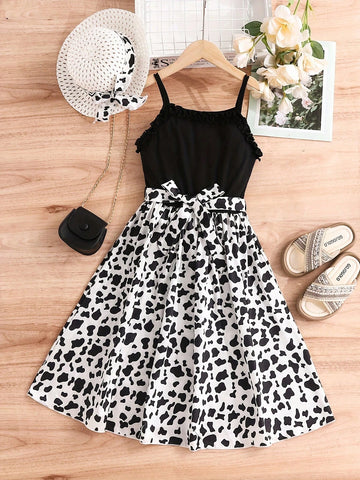 Girls' Lovely Dress With Hat Set, Summer Cow Printed Jumpsuit For Little Girls, Suitable For Daily Wear