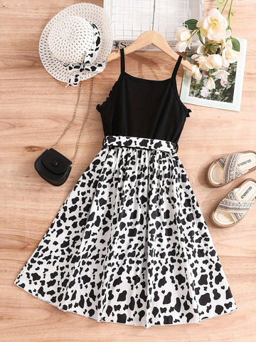 Girls' Lovely Dress With Hat Set, Summer Cow Printed Jumpsuit For Little Girls, Suitable For Daily Wear