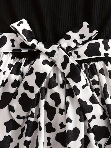 Girls' Lovely Dress With Hat Set, Summer Cow Printed Jumpsuit For Little Girls, Suitable For Daily Wear