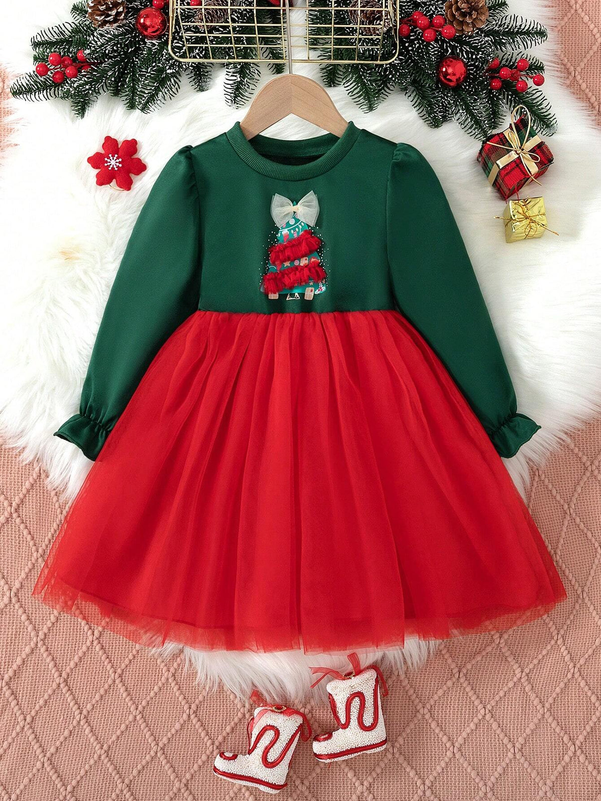 Girls Lovely Elegant 3D Mesh Christmas Tree Print Long Sleeve Dress, Suitable For Daily, Entertainment, Holiday Party, Christmas Gift