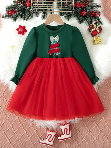 Girls Lovely Elegant 3D Mesh Christmas Tree Print Long Sleeve Dress, Suitable For Daily, Entertainment, Holiday Party, Christmas Gift