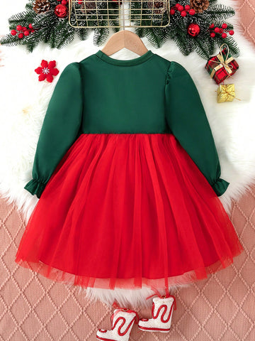 Girls Lovely Elegant 3D Mesh Christmas Tree Print Long Sleeve Dress, Suitable For Daily, Entertainment, Holiday Party, Christmas Gift