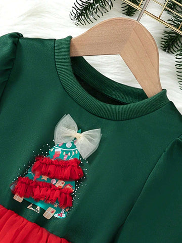 Girls Lovely Elegant 3D Mesh Christmas Tree Print Long Sleeve Dress, Suitable For Daily, Entertainment, Holiday Party, Christmas Gift