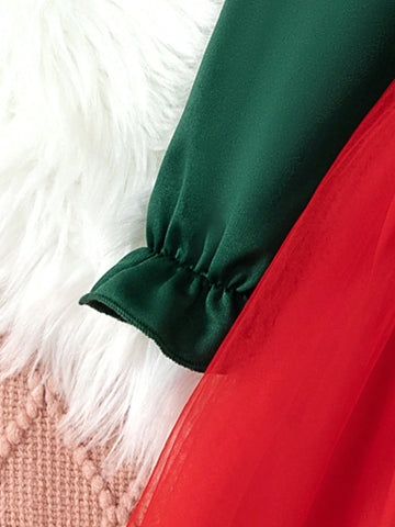 Girls Lovely Elegant 3D Mesh Christmas Tree Print Long Sleeve Dress, Suitable For Daily, Entertainment, Holiday Party, Christmas Gift