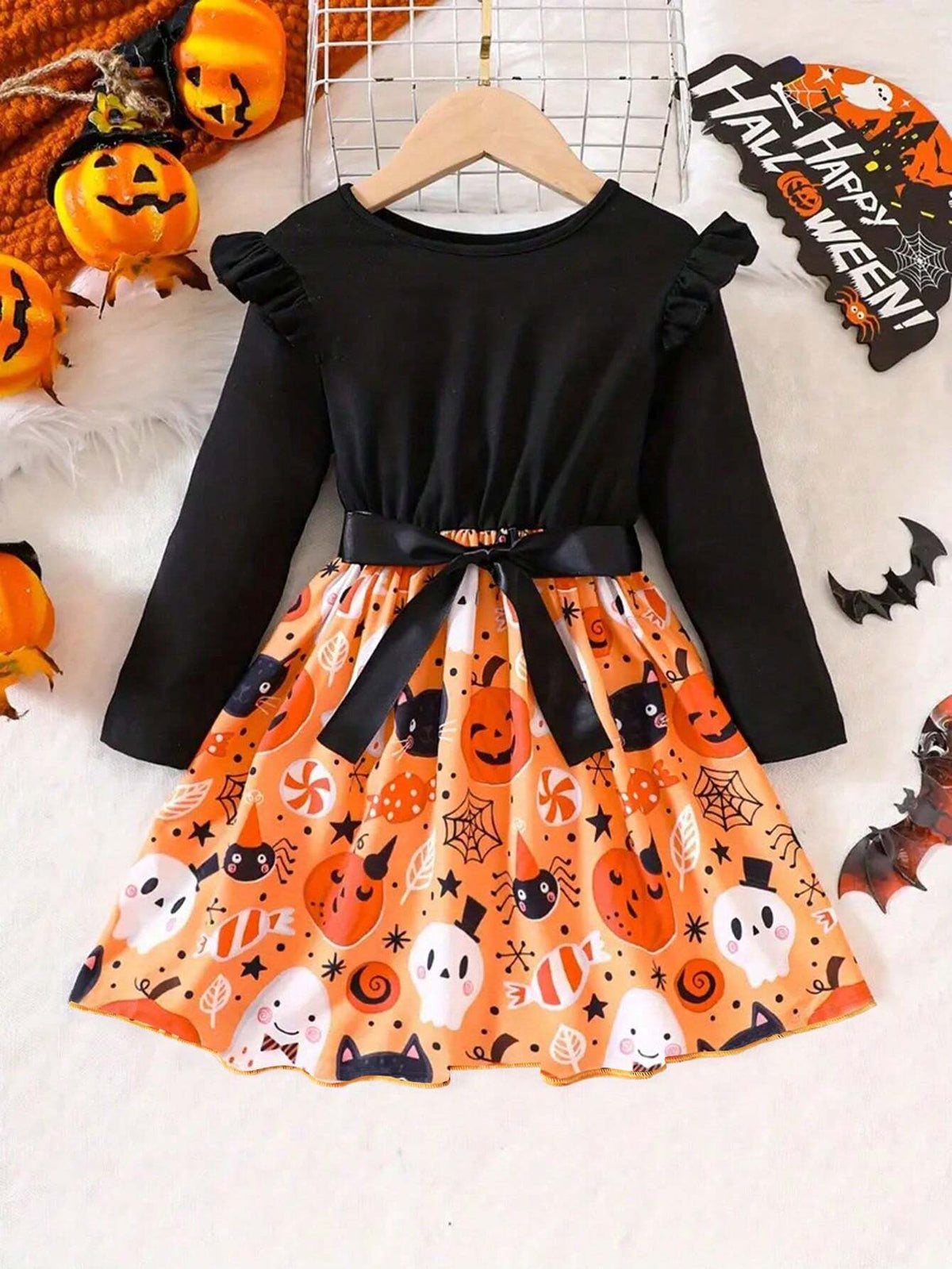 Girl's Lovely Halloween Pumpkin Print Dress Long Sleeve Tee Dress For Autumn Outfit, Kid Clothes Gift