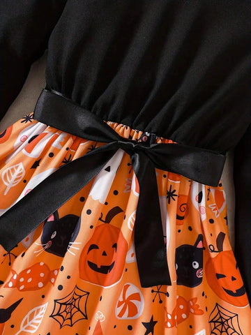 Girl's Lovely Halloween Pumpkin Print Dress Long Sleeve Tee Dress For Autumn Outfit, Kid Clothes Gift